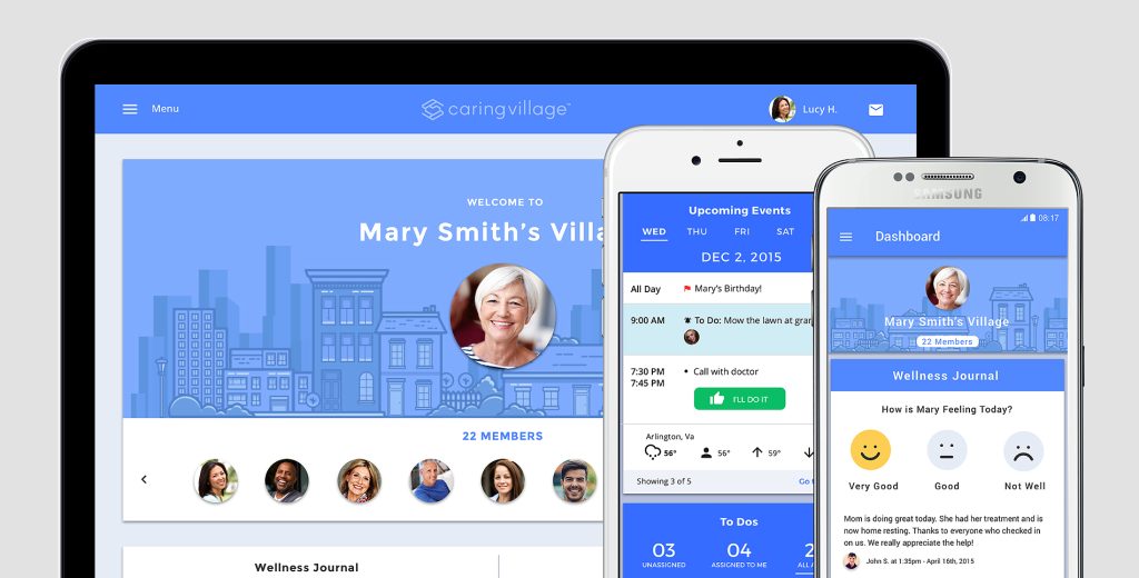 Digital Tools for Simplifying Caregiving | Laptop and 2 phone screens showing Caring Village's app | Good Comfort