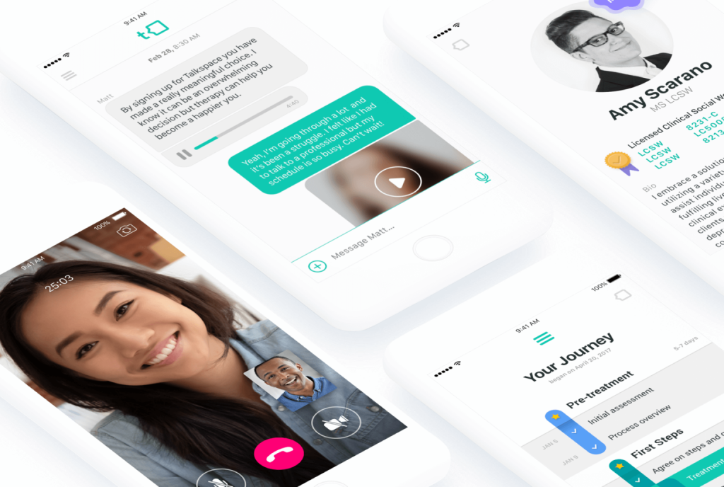 Digital Tools for Simplifying Caregiving | 3 phone screens showing Talkspace app | Good Comfort